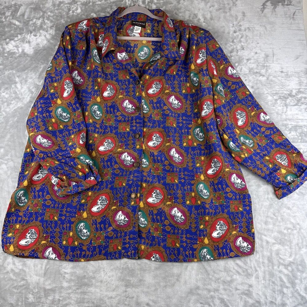 Vintage Notations Blouse Women's 24W Blue Rust Silhouette Italian Statues (1084)